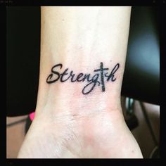 a wrist tattoo with the word strength written on it