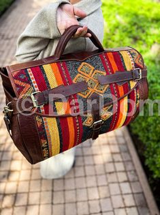 Convertible Kilim Travel Bag: Backpack, Weekend Duffel, and Boho Carpet Leather Bag for Women and Men - Etsy Luxury Multicolor Satchel For Travel, Bohemian Leather Travel Bag, Luxury Brown Leather Backpack For Travel, Luxury Brown Leather Backpack For Trips, Brown Backpack For Weekend Trips, Bohemian Leather Rectangular Travel Bag, Traditional Rectangular Duffle Bag For Travel, Brown Backpack Duffle Bag For Travel, Brown Backpack For Overnight Trips