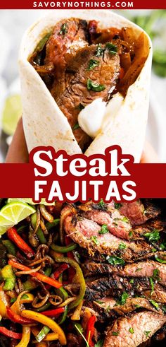 steak fajitas with peppers and onions on the side