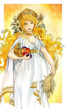 a drawing of a woman in white dress with yellow hair and flowers on her head