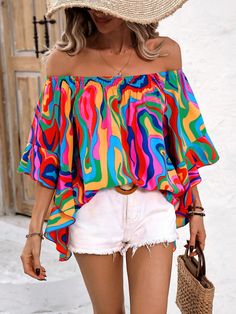 Marble Pattern Off Shoulder Ruffle Trim Loose Casual Shirt Green Boho  Short Sleeve Fabric All Over Print Top Non-Stretch  Women Clothing, size features are:Bust: ,Length: ,Sleeve Length: Cheap Multicolor Blouse Piece For Summer, Cheap Casual Tops With Graffiti Print, Cheap Embellished Tops For The Beach, Cheap Flamingo Print Tops For Summer, Cinco De Mayo Outfit Women, Classy Summer Outfits, Batwing Sleeve Blouse, Casual Shirt Women, Swimsuit Design