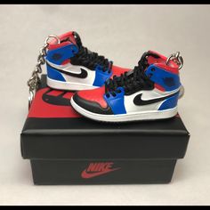 Jordan 1 Retro 3d Keychains - White, Red, Blue & Black - A Pair Of Sneakers Plus The Box - Fast Shipping. #Angelatzzi #3dkeychains #Sneakerkeychain #Sneakerkeychains Blue Low-top Sneakers For Gift, Jordan Red, Jordans For Men, Jordan 1 Retro, Key Card Holder, Card Holders, Jordan 1, The Box, Keychains