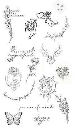 an ink drawing of flowers, hearts and other things that are drawn in pencil on paper