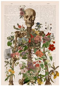 the skeleton is surrounded by flowers and plants