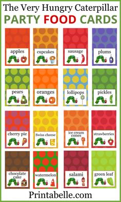 the very hungry caterpillar party food cards for kids to print and play with