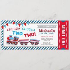 a ticket for two birthdays with train cars on the front and red, white, and blue stripes