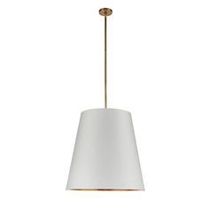 a light fixture with a white shade hanging from it's side, on a white background