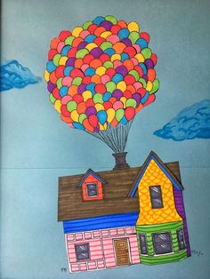 a drawing of a house with a bunch of balloons on it's roof that is floating in the air