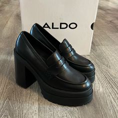 Nib Aldo Bigsoul Double Platform Leather Upper Penny Loafer Never Used. You Can Tell By The Pics That All I Did Was Try On At The Store, Purchase And It’s Been Sitting In My Closet In The Box. Please See Last Pic For Measurements. This Is A Women’s Us Size 8.5/ Euro 39/ Uk 6. Comes From A Smoke Free Home. Black Casual Loafers With Block Heel, Casual Black Loafers With Block Heel, Black Leather Platform Loafers With Reinforced Heel, Black Loafers With Reinforced Heel And Round Toe, Black Leather Loafers With Stacked Heel, Black Loafers With Stacked Heel And Almond Toe, Black Almond Toe Loafers With Stacked Heel, Black Leather Platform Loafers With Block Heel, Chic Black Loafers With Reinforced Heel