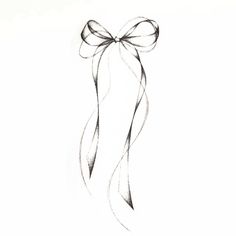 a black and white drawing of a bow with long, thin ribbons on it's side