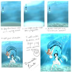 the storyboard shows how to draw a mermaid in blue water with her tail curled up