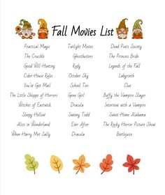 the fall movies list is shown with leaves and other things to do on it's side