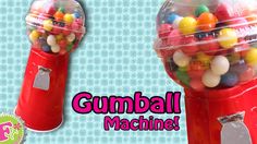 two gumballs in a red machine with the words gumball machine on it's side