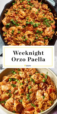 a skillet filled with shrimp and pasta next to the words, weeknight orzo paella