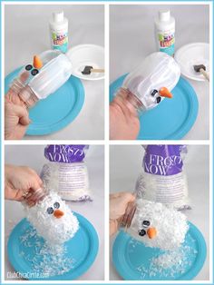 the process to make a snowman out of plastic bottles