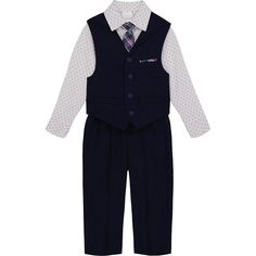 Dress your little one to the nines for any upscale occasion with this Baby Boy Van Heusen 4-piece Birdseye Vest, Shirt, Tie & Pants Set.Dress your little one to the nines for any upscale occasion with this Baby Boy Van Heusen 4-piece Birdseye Vest, Shirt, Tie & Pants Set. Click on the BABY PRODUCTS & CLOTHES GUIDE to find everything you need to keep your baby healthy and happy!FEATURES 4-piece set includes: vest, shirt, pants, tie Vest: v-neck, 3-button front, birdseye texture construction Shirt Fitted Navy Sets For Spring, Construction Shirt, Tie Vest, Boys Vans, Tie Pants, Polyester Shirt, Shirt Tie, Polyester Pants, Healthy And Happy