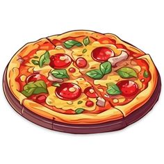 a pizza with tomatoes, olives and basil on it's crust is shown