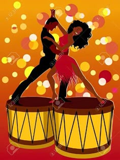 a man and woman dancing on top of a drum with sparkles in the background