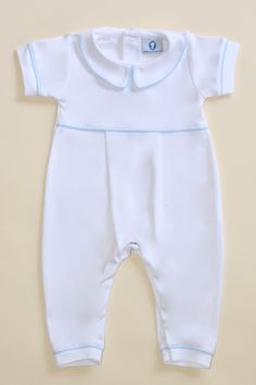 *Easter, Baptism, Christening, or Dedication Outfit *Short Sleeve * Long Pants * No feet *Snaps down the legs for easy diaper changing * Available in white with blue trim, all white and white with navy piping. * Available in sizes Newborn through 2T * Collar can be monogrammed with Initials or a name * Matching Hats and Blankets are available How to take Measurements Chest measurements- middle of the under arm, across the chest to the middle of the other under arm Front measurement- notch of the Fitted Short Sleeve Baptism Dress, White Fitted Short Sleeve Baptism Dress, Fitted Baptism Dress With Short Sleeves For Summer, Summer Baptism Dress With Short Sleeves, Fitted Short Sleeve Sets For First Communion, Classic Short Sleeve Sets For Baptism, White Short Sleeve Set For First Communion, White Short Sleeve Sets For First Communion, Cute Blue Sets For Baptism