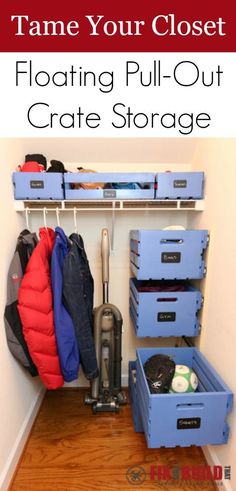 an organized closet with blue drawers and storage bins