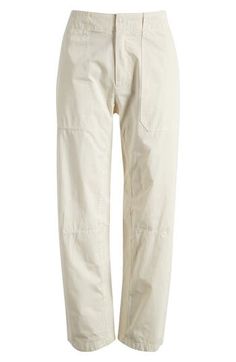 A sturdy cotton fabric and a plethora of patch pockets add to the utilitarian style of these cool, relaxed-fit work pants. 26" inseam; 14 1/2" leg opening; 13" front rise; 16" back rise (size 8) 100% cotton Machine wash, tumble dry Imported Cream Cargo Pants With Pockets For Workwear, Cream Cargo Pants For Workwear, Cream Straight Leg Utility Cargo Pants, Cream Straight Leg Cargo Pants With Patch Pockets, Cream Cotton Cargo Pants For Work, Cream Relaxed Fit Cotton Cargo Pants, Cream Cotton Cargo Pants With Relaxed Fit, Cream Cotton Relaxed Fit Cargo Pants, White Straight Leg Cargo Pants For Work