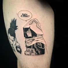 a man's arm with an anime tattoo on it and a comic strip reading such as a price