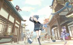 an anime scene with two women and one man in front of some buildings, the woman is pointing at something