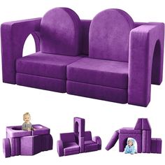 a purple couch with two children's toys in the middle and an infant sitting on it