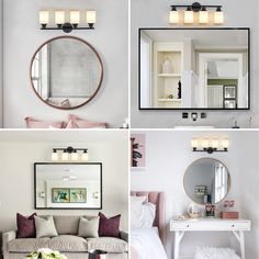 four different views of a living room, bedroom and bathroom with mirrors on the wall