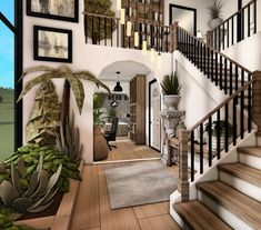 an artist's rendering of a house with stairs and potted plants in the entryway