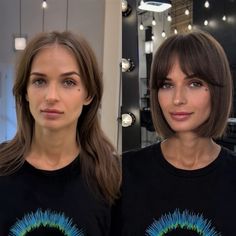 Before And After Lob Haircut, Lob Fringe Bangs, Lob Before And After, Long To Bob Before And After, Brown Bob With Fringe, Bob Vs Long Hair, Medium Length Haircut With Fringe, Long Vs Short Hair Before And After, Bangs With A Bob