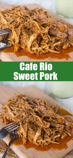 two pictures of pulled pork on a cutting board with sauce and fork in the foreground