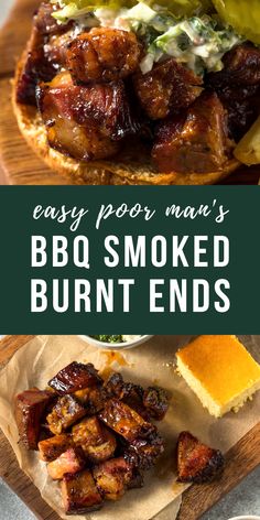 bbq smoked burnt ends on a wooden cutting board with text overlay that reads easy pork man's bbq smoked burnt ends