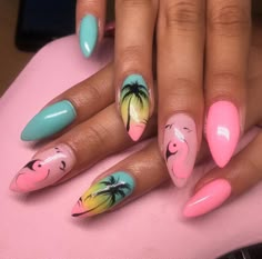 Miami Nails Summer, Nails Summer Vacation, Tree Nail Designs, Simple Nail Designs Acrylic, Flamingo Nails, Palm Tree Nails, Yellow Nail Art