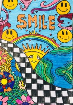 a colorful drawing with the words smile on it