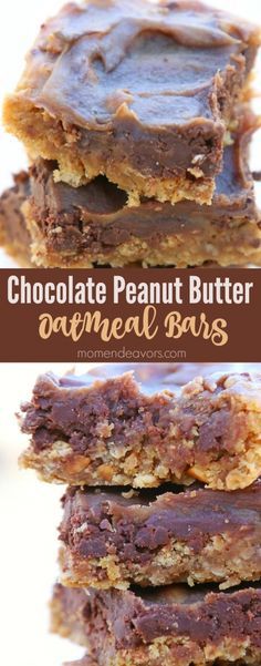 chocolate peanut butter oatmeal bars stacked on top of each other with text overlay