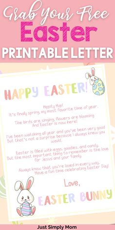 an easter bunny letter with the text grab your free easter printable letter from just simply mom