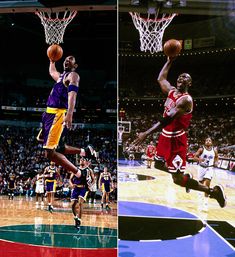 two different shots of basketball players in the air and on the court during a game