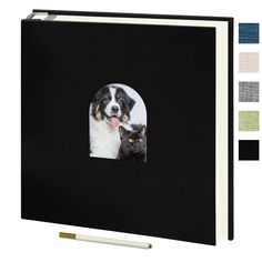 a black binder with a dog and cat in it