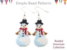 a pair of beaded snowman earrings with the words simple bead patterns on it