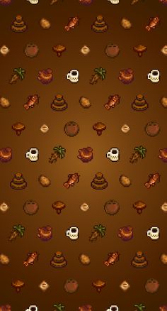 a brown background with different types of food and coffee mugs on the top one