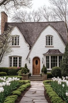 Tudor Homes Exterior Before And After, Craftsman House Front Yard, Stone House Cottage, European Stone Cottage, English Country House Exterior Modern, Lake Cottage Front Door, Shaker Cottage Exterior, Lake Cottage Exterior Ideas, Cottage Inspired Home Exterior