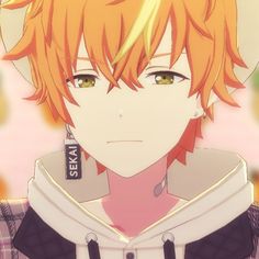 an anime character with orange hair and green eyes looking at the camera while wearing a hoodie