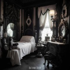 an old fashioned bedroom is decorated in black and white