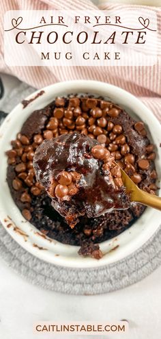 chocolate mug cake in a white bowl with a spoon and title above it that reads, air fryer chocolate mug cake