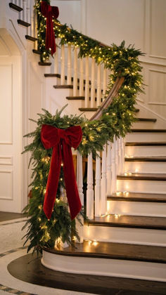 christmas garland and lights on the banisters in front of a staircase with red bows