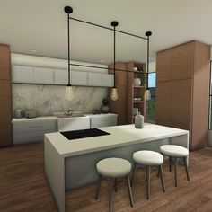 a modern kitchen with white counter tops and stools