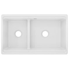 white double bowl kitchen sink with two holes on the front and side, viewed from above