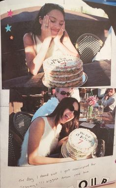 two women sitting at a table with a cake in front of them