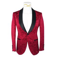 Burgundy Designer Fiore Fabric Woven In France Black Satin Shawl Lapels Single Button Closure Soft, natural shoulder construction Chest Barchetta Pocket Dual Vents Black Satin covered buttons Functional Buttons Handmade in any size! Includes a Sebastian Cruz Couture Pocket Square of your choice! All of our jackets are made with 4" extra of fabric to ensure you don't have to send it back to us if it's too small or too big. You can tailor your jacket 2 sizes bigger and/or smaller if needed. We gua Designer Blazer With Covered Buttons For Formal Events, Luxury Fitted Wedding Outerwear, Tailored Wedding Outerwear With Covered Buttons, Fitted Party Blazer With Shawl Collar, Luxury Formal Outerwear With Covered Buttons, Fitted Shawl Collar Party Blazer, Fitted Shawl Collar Outerwear For Party, Formal Blazer With Lapel Collar And Covered Buttons, Luxury Formal Blazer With Covered Buttons